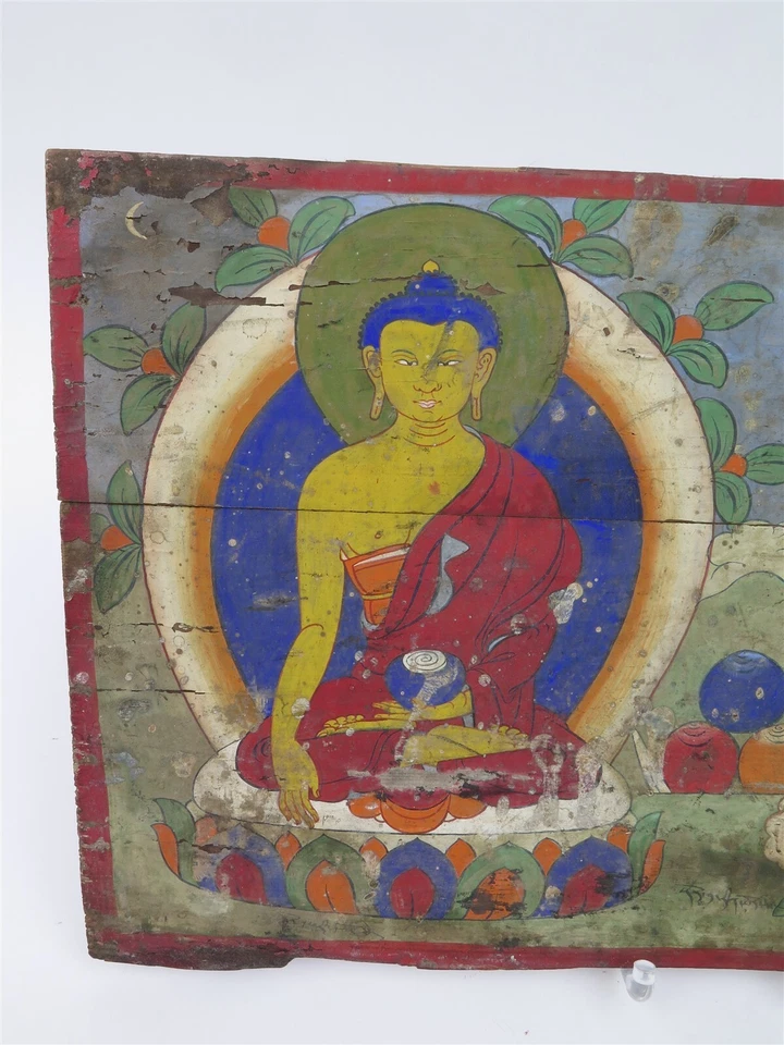 Thangka budista tibetano original sobre madera Shakyamuni y Manjushri 10,5" x 17" Foto 2 de 4