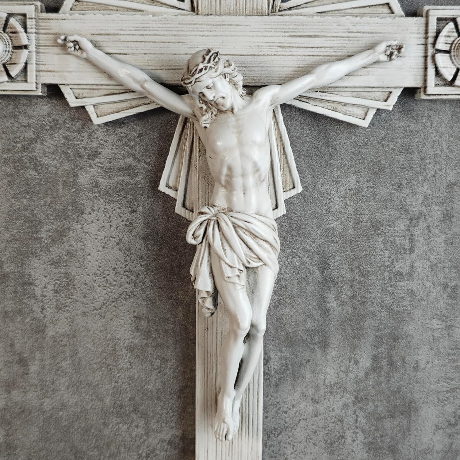 BC Catholic Crucifix Wall Cross, Jesus Christ Home 12.3L x 7.5W, Grey White 