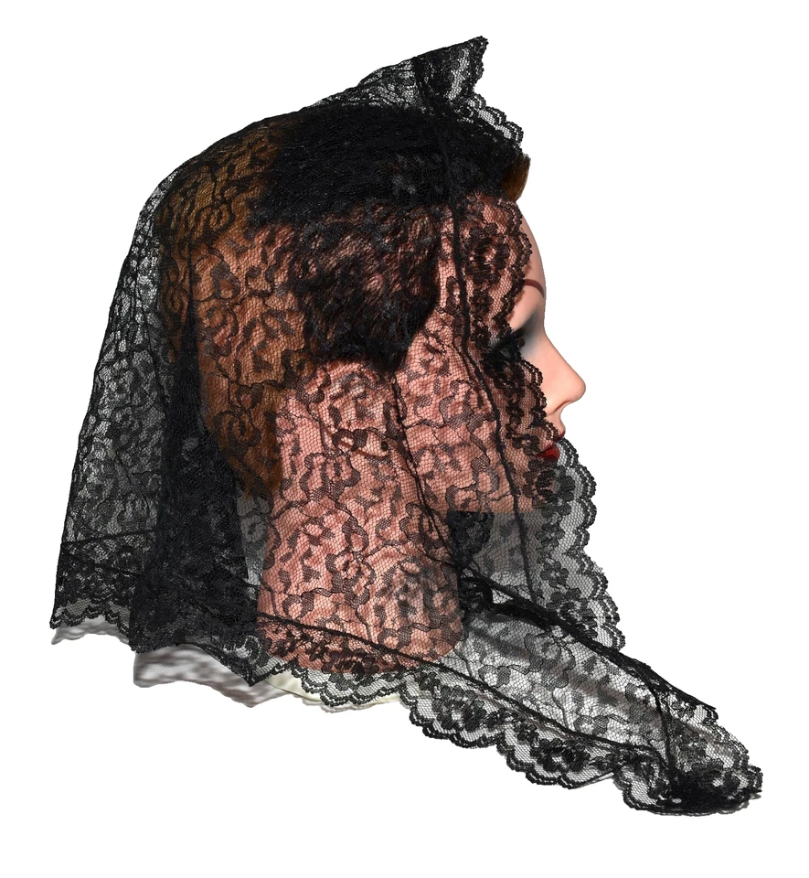 Mantilla de encaje floral negra vintage cubierta de cabeza de iglesia bufanda velo triangular Foto 2 de 4