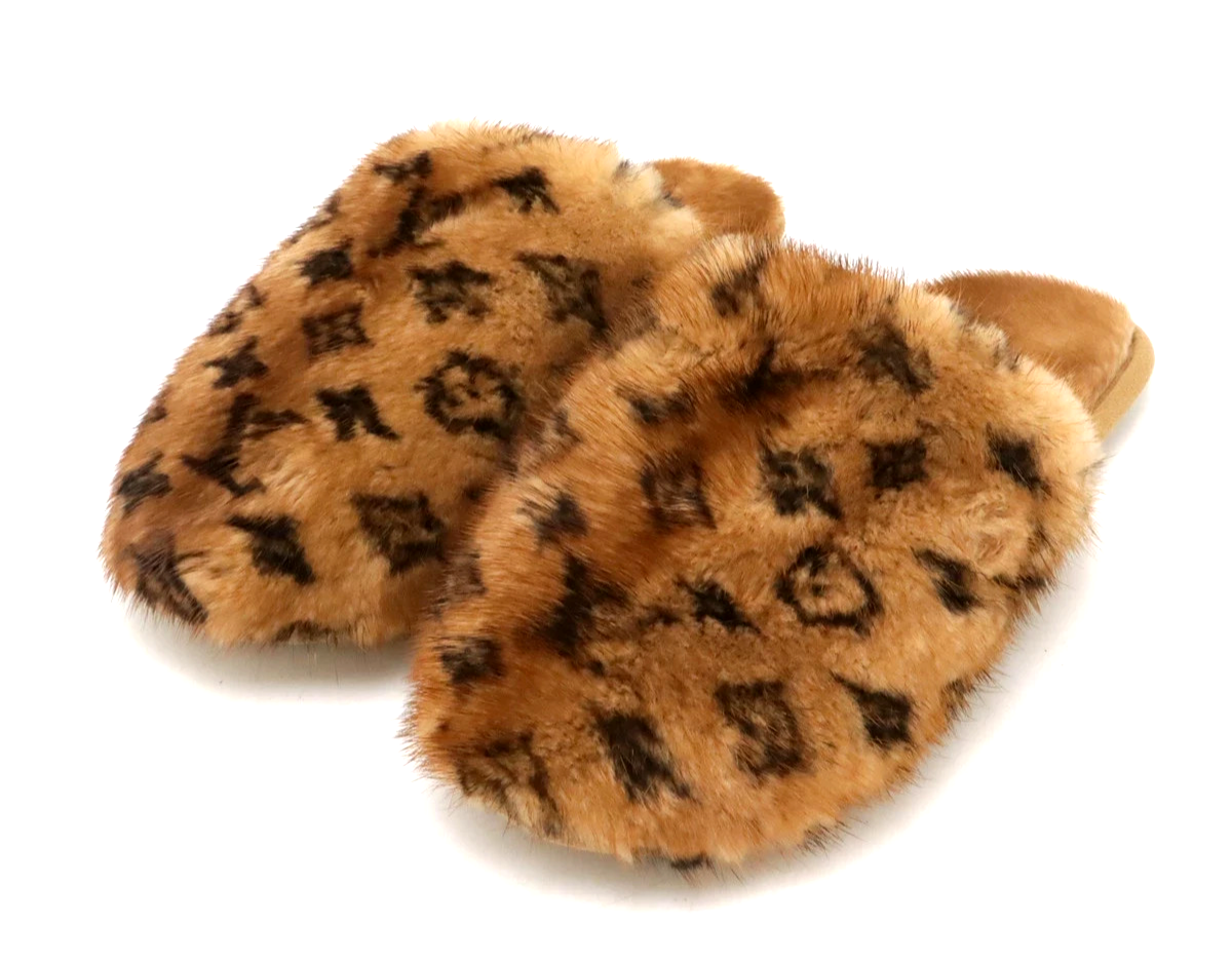 Louis Vuitton Room Shoes Slipper Mink Fur Monogram Brown 1A4MCH
