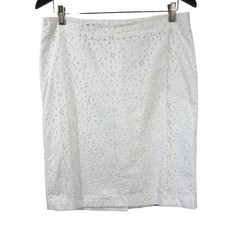 Talbots White Eyelet Cotton Pencil Skirt Floral Embroidery Size 8 Knee Length