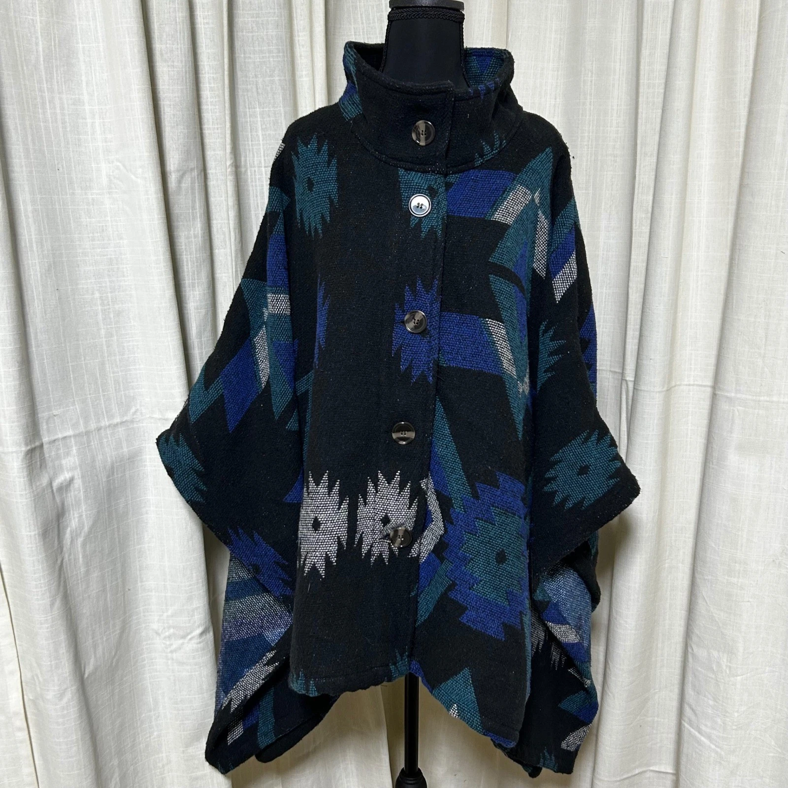 Women Southwest Geometric Pattern Poncho Cape Black Blue Gray Small aztec