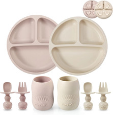 Silicone Baby Feeding Set, 2 Pack - Divided Suction Plate, 2 Tiny Cup with Spoon