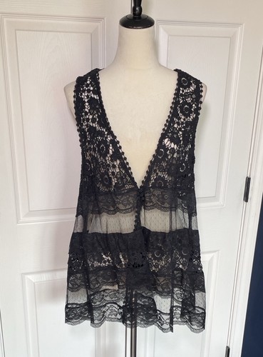 Blue Bird Black Crochet and Lace Tunic Vest 3-Button Size Large
