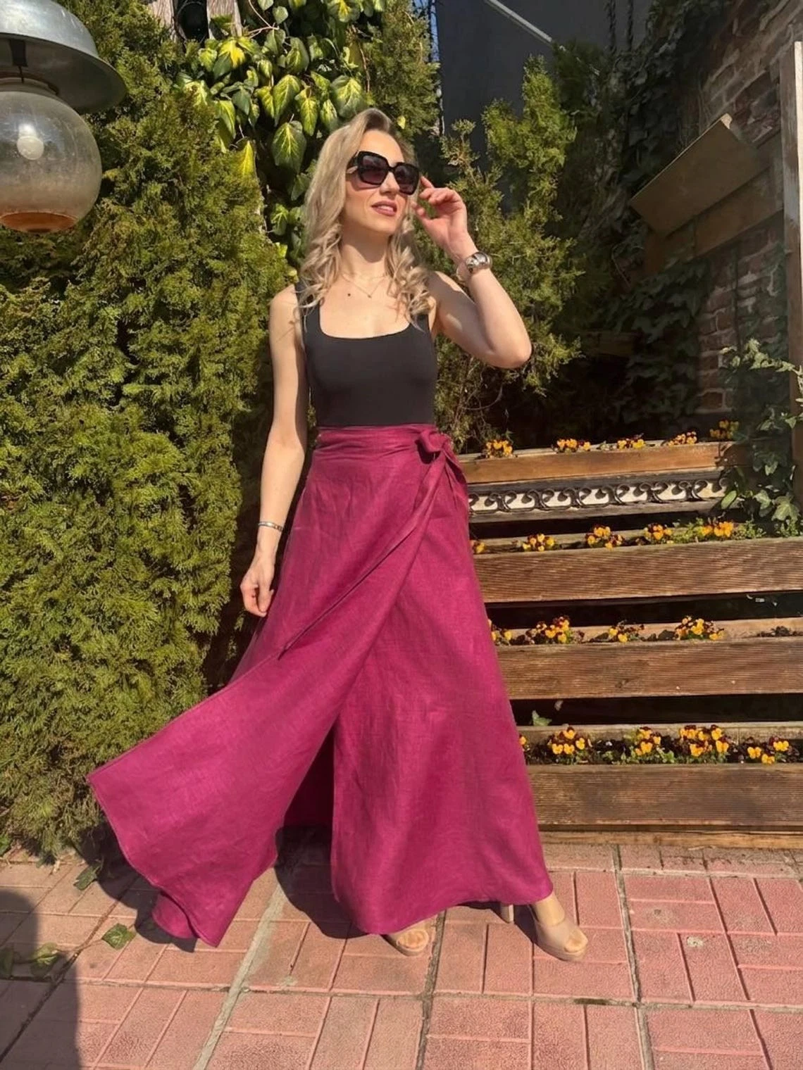Handmade Linen Wrap Magenta Pleated Skirt: Maxi Long Skirt With Adjustable Waist