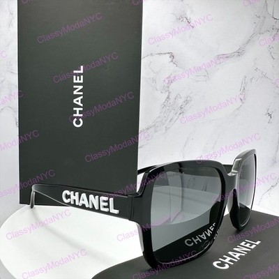 CHANEL Sunglasses Black 56mm White 3D Letter Logo Square New
