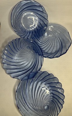 Lot Of 4 Vintage Studio Nova Blue Glass Spiral Swirl Round Bowls 8  Beach Waves