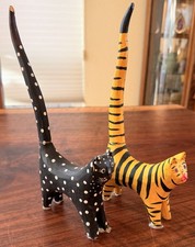 Vintage Hand Painted Long Tail Wooden Kitty Cat Figurines x 2, Folk Art 10" Tall