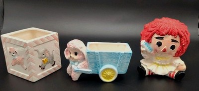 Vintage Relpo & Napco Ceramic Baby Planters - Lamb, Raggedy Ann, Elephant Lot