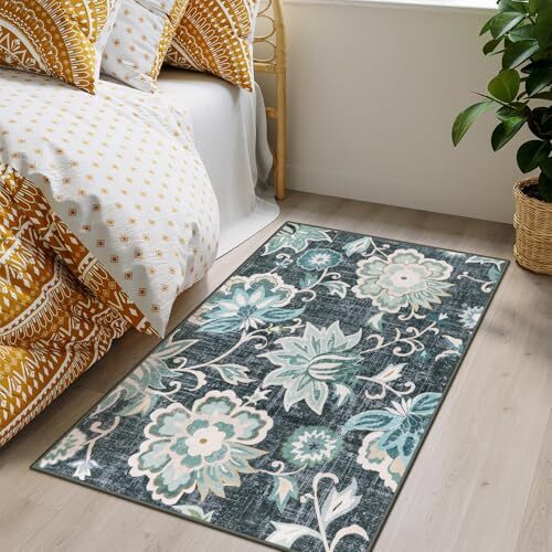 Floral Machine Washable Rugs, 3x5 Rug Vintage Rug with Rubber 3x5ft