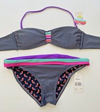 RAISINS Gray Block Stripe 2 Piece Bikini Set Strap Top Ruched Bottom Size M NWT