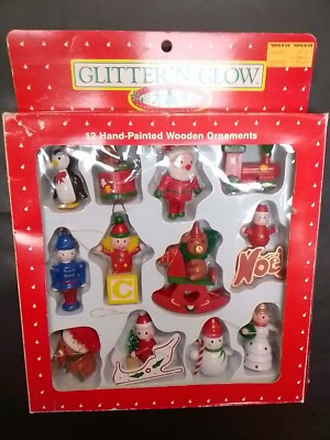 Vintage Hand painted Wooden Ornaments Glitter 'n Glow Taiwan Toys R Us