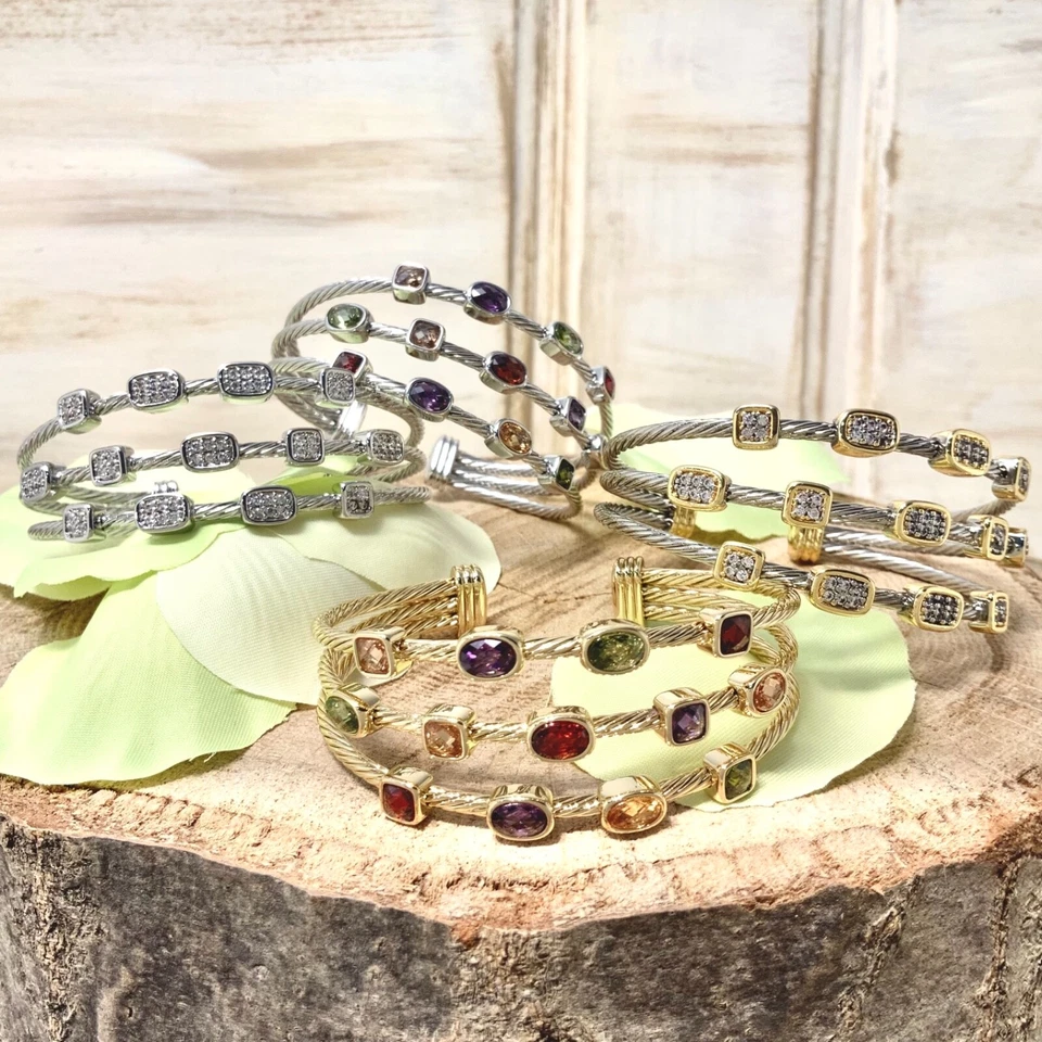 Brazalete apilable diario chapado en oro puños clásicos gruesos con cable de 3 líneas (3 mm)