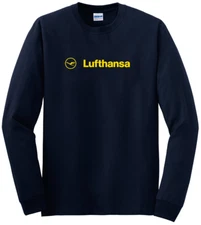 Navy Blue Lufthansa Vintage Logo German Airline T-Shirt Long Sleeve Shirt S-5XL