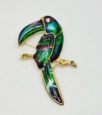 Exotic PARROT Brooch Figural Enameled Rhinestone Vintage Bird Pin Green Purple