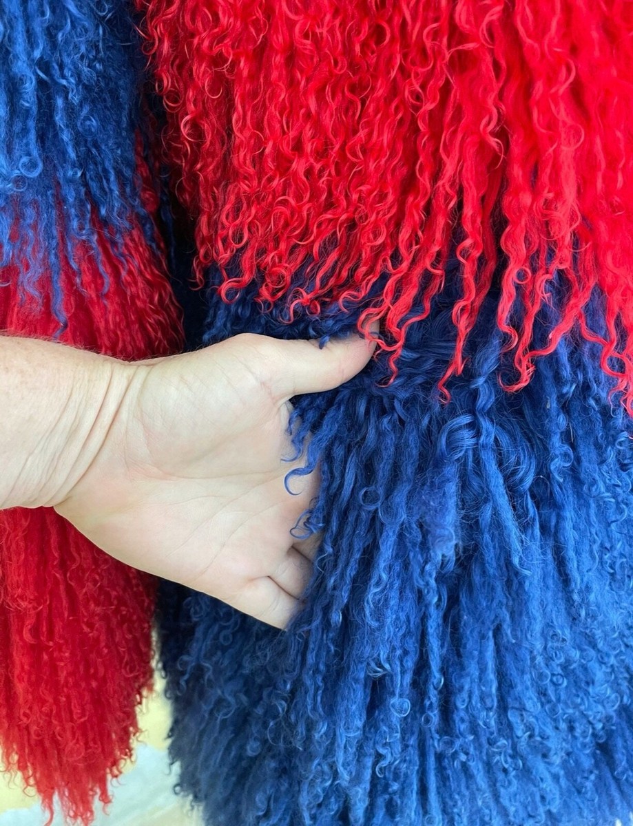 80s 90s Vintage Red & Blue Patchwork Mongolian Fur Coat Shaggy Fur