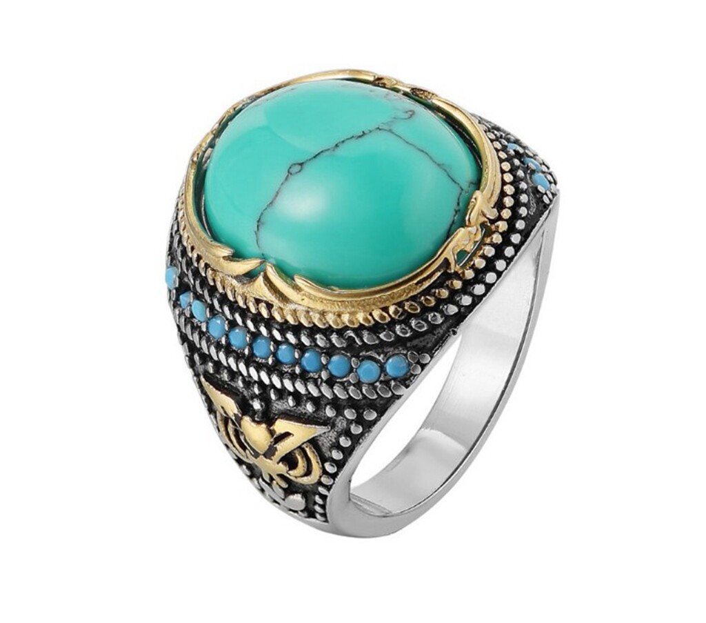 Men Blue Turquoise Oval Stone Silver Titanium Stainless Steel Ring