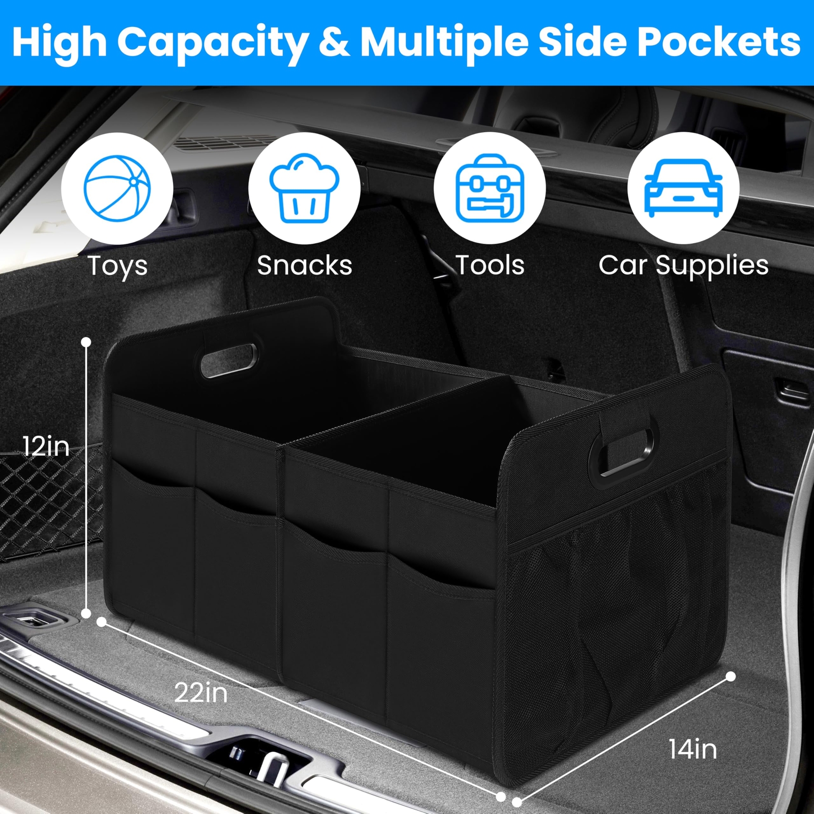 Foldable 50L Trunk Organizer with 2 Compartments in 600D Black Oxford Polyester