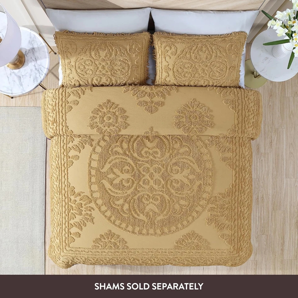 Medallion Chenille Bedspread, Queen, Gold - Image 2 of 3