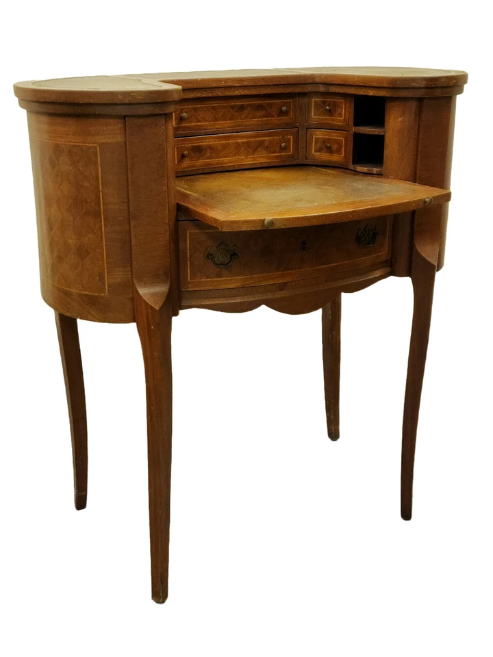 Antique Louis XV Revival Inlaid Oval Wood Desk Secretary with Leather Trim - Image 2 of 4