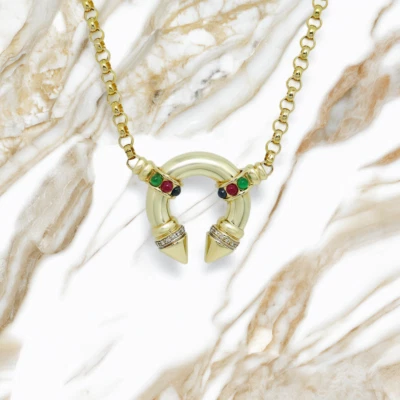 Kette Collier mit 0,20ct Brillant, Saphir, Rubin + Smaragd in 585/14K Gelbgold - Bild 1 von 4