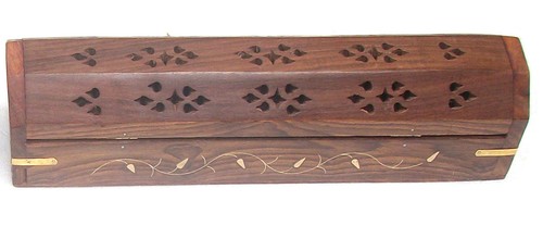 Wooden Carved Coffin Incense Burner Cone Holder Box 12" Hand Carved Brass Inlay - 第 3/11 張圖片