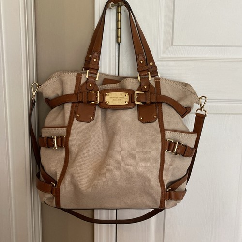 Michael Kors Gansevoort Tan woven & Brown leather straps Crossbody Shoulder Bag