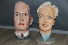Rara coppia di teste di manichino art deco vintage anni 30-40, maschere, oggetti da esposizione negozio.