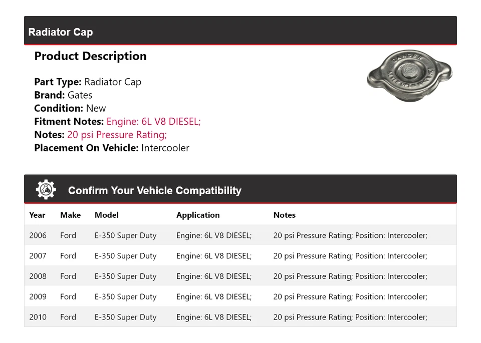 For 2006-2010 Ford E-350 Super Duty 6L V8 DIESEL Radiator Cap Intercooler Gates - Image 2 of 4
