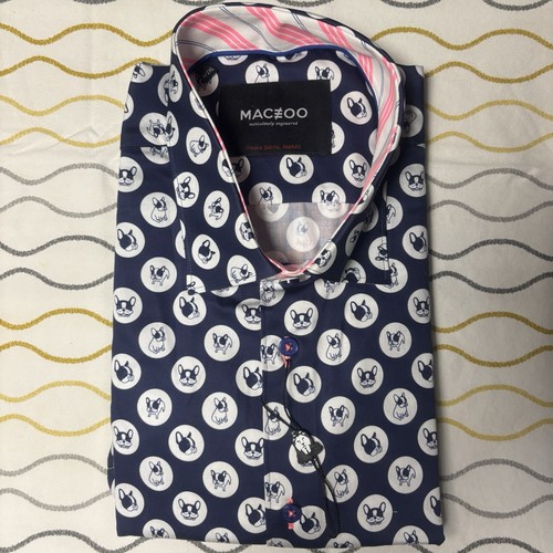 NWT Maceoo Mens 2XL XXL French Bulldog Frenchie Galileo Dog Dot Sport Shirt Blue - Picture 2 of 5