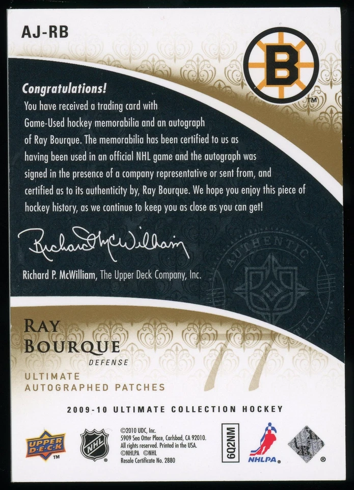 2009 Ultimate Ray Bourque Dual Patch Auto /10 #AJ-RB Boston Bruins - Image 2 of 2