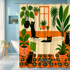 Whimsical Black Cat Shower Curtain for Cat Lovers and Plant Enthusiasts