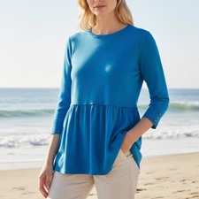 LL Bean Womens Size Medium Angora Blend ¾ Sleeve Blue Peplum Babydoll Sweater