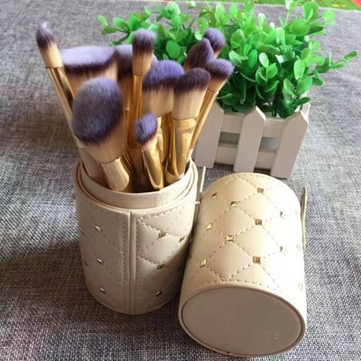 12Pc Makeup Brush Set with Bucket Holder Wooden Handle Synthetic Fiber
