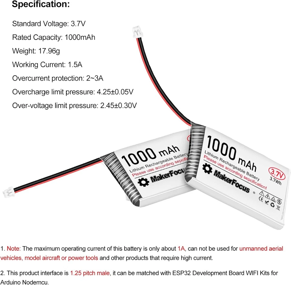 Batería Lipo de Litio 1000mAh 3.7V Micro JST 1.25 Enchufe para Placa Heltec V3 LoRa Foto 4 de 4