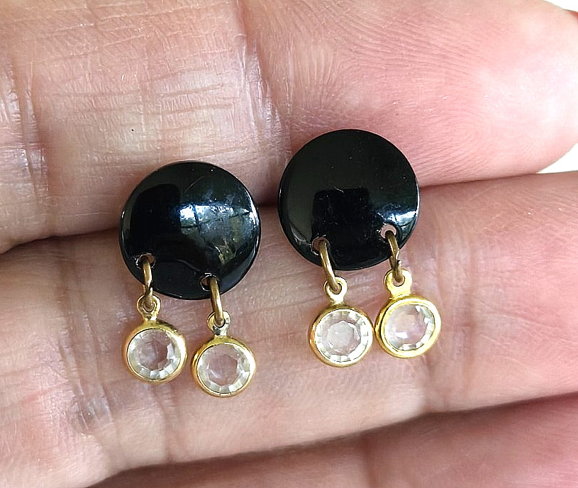 Vintage Black Enamel Disc Clear Crystal Open Bezel Dangle Pierced Earrings 5/8