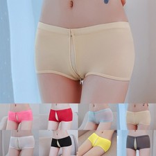 Women Oil Shiny Panties Underwear Glossy See Through Zip Open Crotch Thong Brief