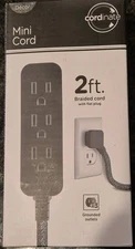 Cordinate 2ft Mini Braided Cord With Flat Plug Power Strip 3 Grounded Outlets