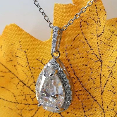 Womens 1.5Ct Pear Cut Real Moissanite Halo Classic Pendant 14K White Gold Plated