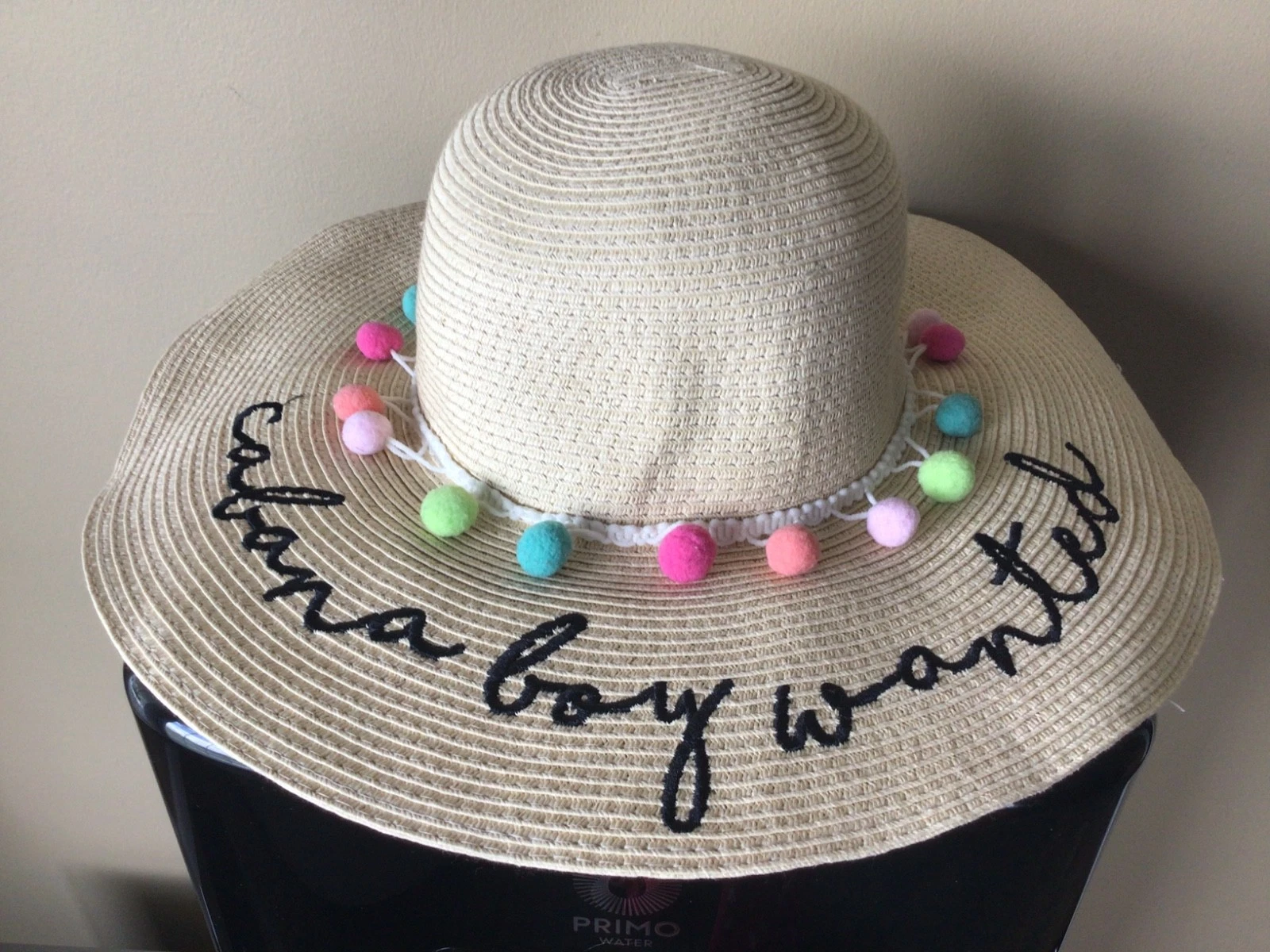 Wide Brim Paper Sun Hat Cabana Boy Wanted With Pom Poms