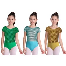Kids Girls Fish Scale Print Leotard Bowknot Cutout Back Dance Unitard Biketard