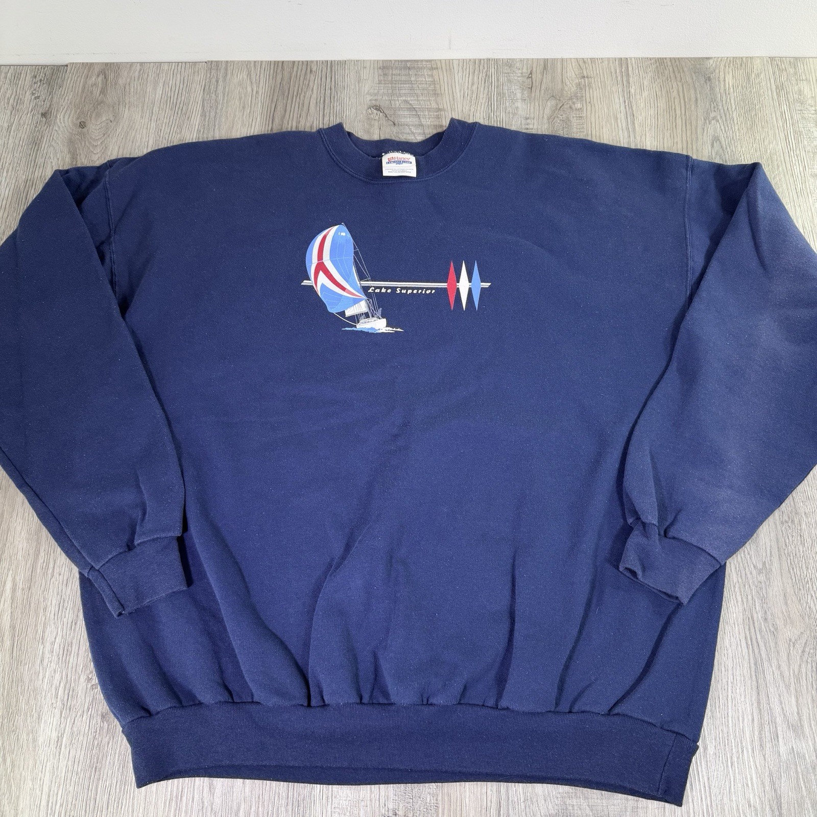 Vintage Lake Superior Crewneck Sweatshirt Mens 2XL XXL Navy Blue Sailing Boat