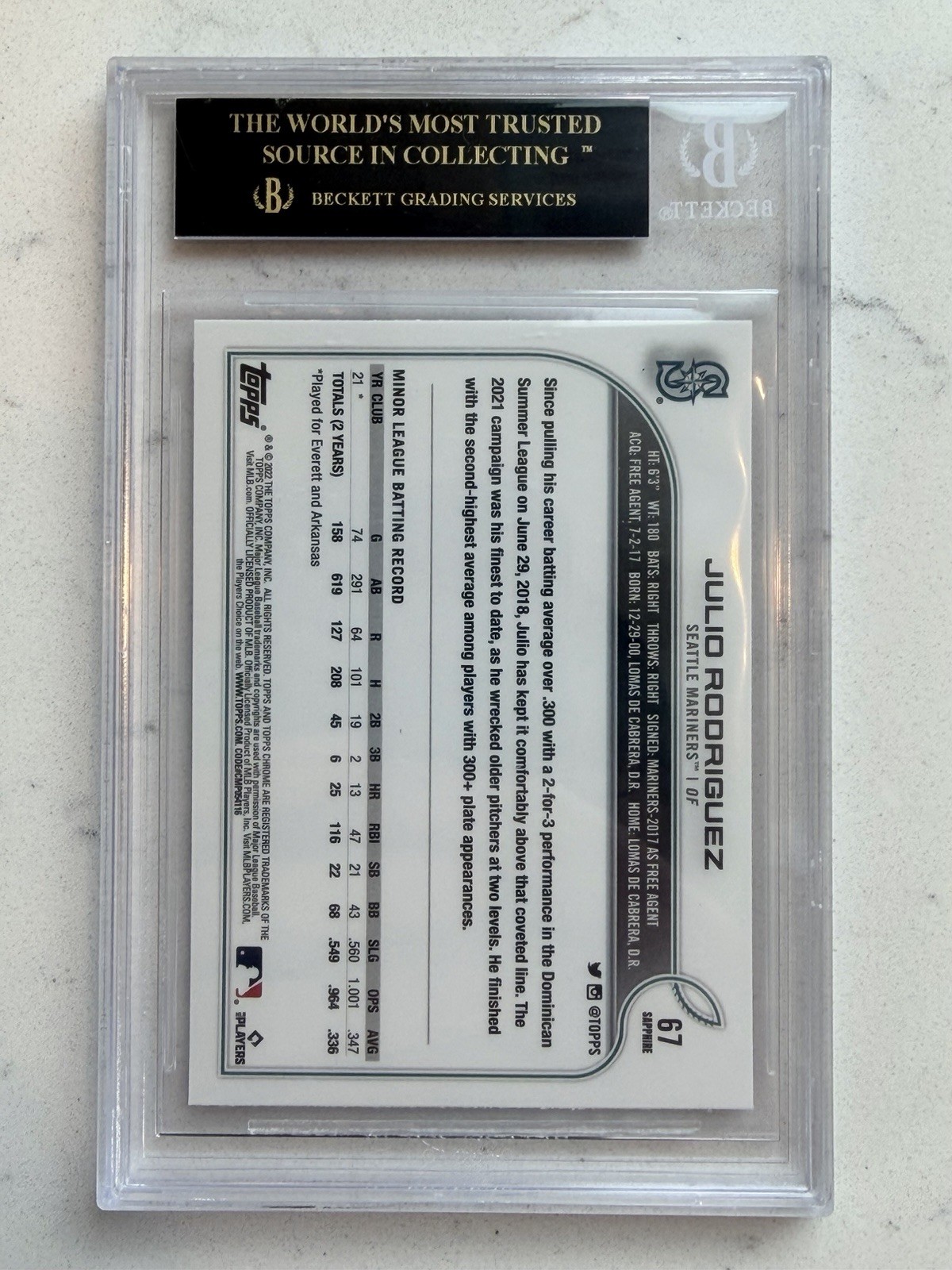 2022 Topps Chrome Sapphire Julio Rodriguez Rookie BGS Black Label 10 #67 Pop 2 view 2