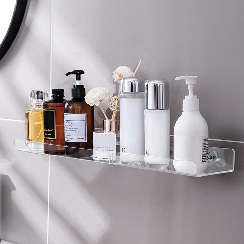 Estantes de baño de acrílico autoadhesivos sin taladro, estante estable montado en la pared  Foto 3 de 4