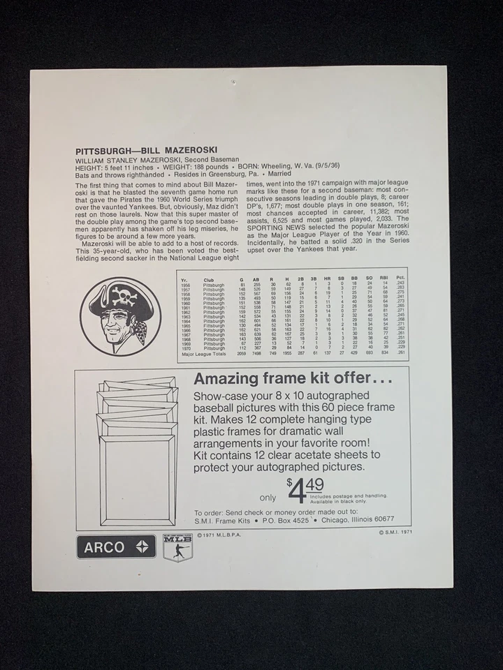 Vintage 1971 Pittsburgh Pirates Bill Mazeroski Pre-Print Autographed 8x10 Photo - Image 2 of 2