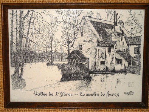 Vintage 70's Wood & Burlap Framed Art Print Of "Le Moulin de Jarcy" In France - Picture 9 of 9