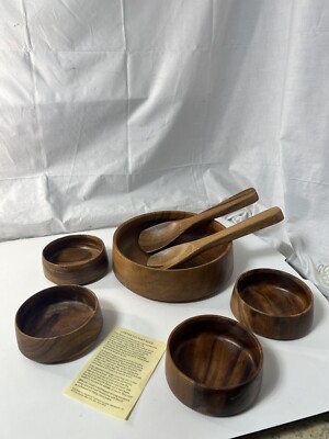 Wooden Monkey Pod  Salad Bowl Set 7  Pieces ~ Brown Vintage MCM