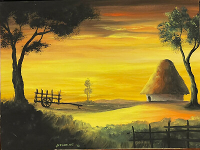 Sunset Painting Signed Alfarelius Water Color Salvadorian Artist 1972  Wagon Hut