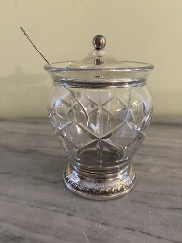 SHEFFIELD STERLING CRYSTAL JAM JELLY JAR WITH LID AND STERLING LUNT SPOON