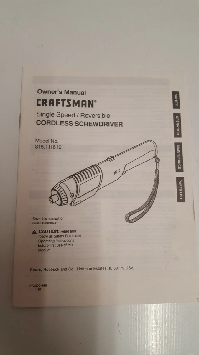 CRAFTSMAN 2.4 VOLT CORDLESS SCREWDRIVER VOLT OWNERS MANUAL